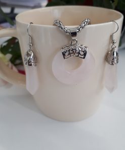 Rose quartz Donut Pendant and earring set - Rose quartz Jewelry Set - Rose quartz and Silver Gift for her