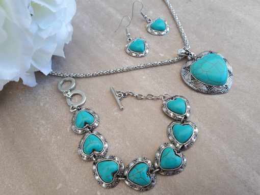 Heart shape Turquoise Jewelry Set- Turquoise Pendant Dangle Earrings -Turquoise Heart Necklace gift For Women