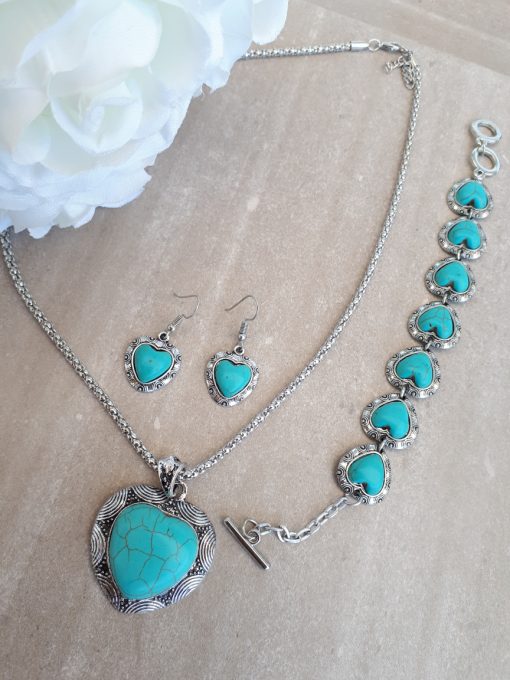 Heart shape Turquoise Jewelry Set- Turquoise Pendant Dangle Earrings -Turquoise Heart Necklace gift For Women