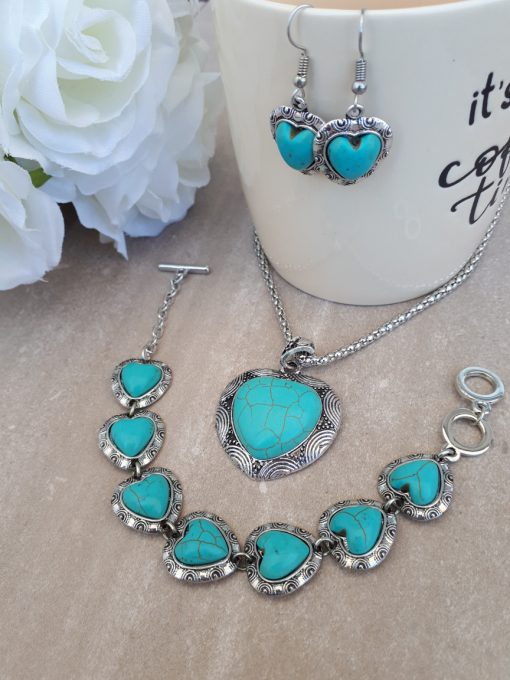 Heart shape Turquoise Jewelry Set- Turquoise Pendant Dangle Earrings -Turquoise Heart Necklace gift For Women