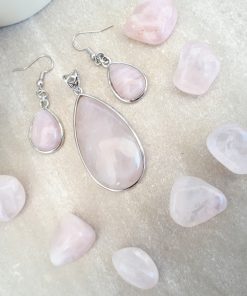 Rose quartz Jewelry Set – Rose quartz Pendant Dangle Earrings set. crystal for luck in love, crystal for manifesting love