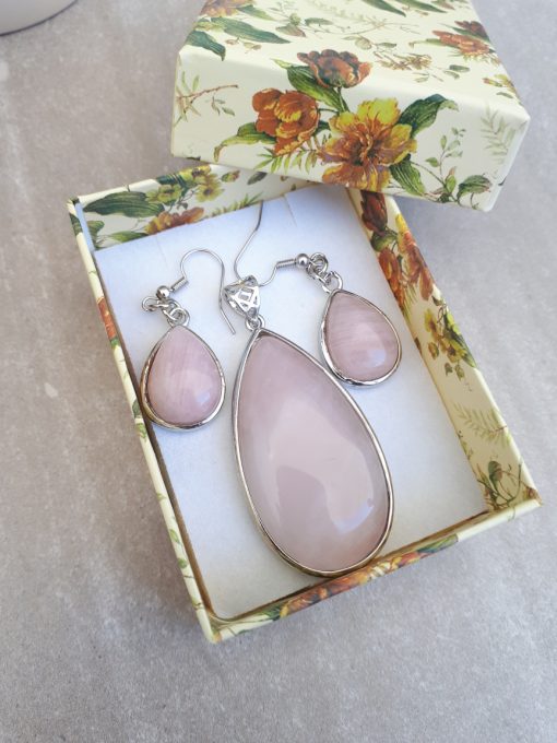Rose quartz Jewelry Set – Rose quartz Pendant Dangle Earrings set