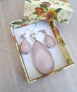 Rose quartz Jewelry Set – Rose quartz Pendant Dangle Earrings set. crystal for luck in love, crystal for manifesting love