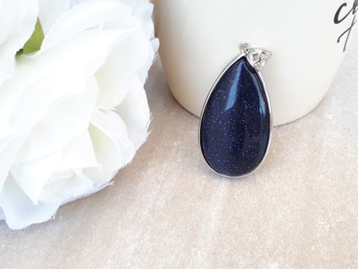 calming stones for anxiety - calming stones jewelry. Blue Gold stone Jewelry pendant -Goldstone Oval pendant