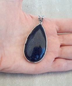 calming stones for anxiety - calming stones jewelry. Blue Gold stone Jewelry pendant -Goldstone Oval pendant