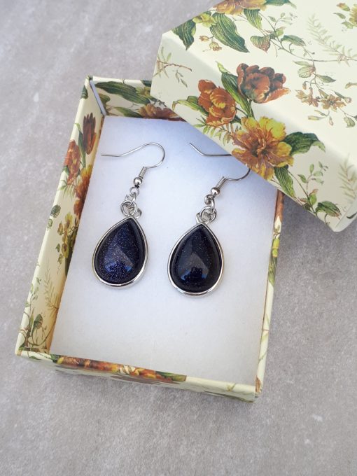 Blue Goldstone Jewelry Set -Goldstone Oval Dangle Drop Earrings. anxious calming stone, best calming stone