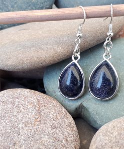 calming stones for anxiety - calming stones jewelry. Blue Gold stone Jewelry earrings -Goldstone Oval Dangle Drop Earrings