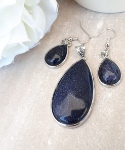 Blue Goldstone Jewelry Set -Goldstone Oval pendant and Dangle Drop Earrings. anxious calming stone, best calming stone