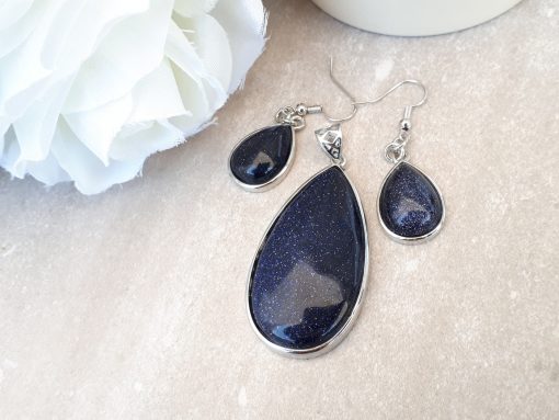 Blue Goldstone Jewelry Set -Goldstone Oval pendant and Dangle Drop Earrings. anxious calming stone, best calming stone