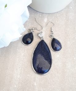 Blue Goldstone Jewelry Set -Goldstone Oval pendant and Dangle Drop Earrings. anxious calming stone, best calming stone