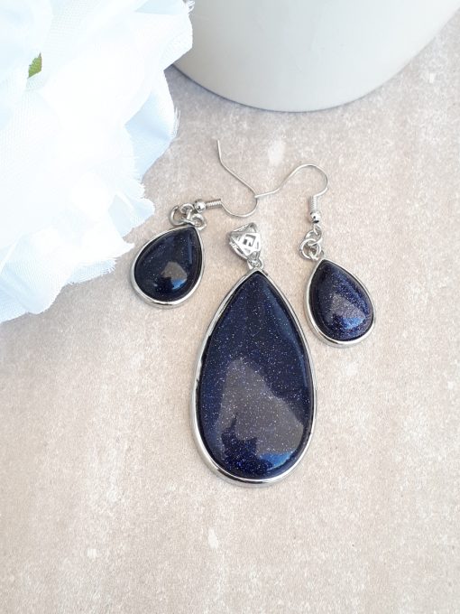 Blue Goldstone Jewelry Set -Goldstone Oval pendant and Dangle Drop Earrings. anxious calming stone, best calming stone