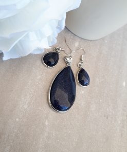 Blue Goldstone Jewelry Set -Goldstone Oval pendant and Dangle Drop Earrings. anxious calming stone, best calming stone