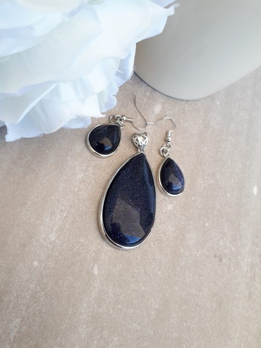 Blue Goldstone Jewelry Set -Goldstone Oval pendant and Dangle Drop Earrings. anxious calming stone, best calming stone