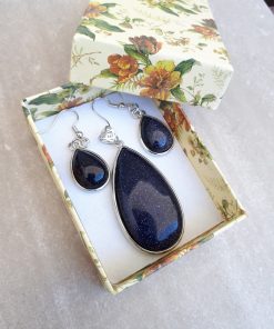 Blue Goldstone Jewelry Set -Goldstone Oval pendant and Dangle Drop Earrings. anxious calming stone, best calming stone