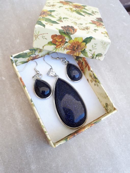 Blue Goldstone Jewelry Set -Goldstone Oval pendant and Dangle Drop Earrings. anxious calming stone, best calming stone