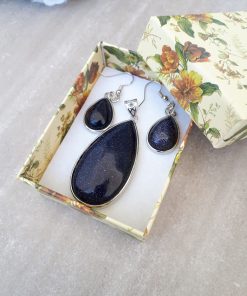 calming stones for anxiety - calming stones jewelry. Blue Gold stone Jewelry Set -Goldstone Oval pendant and Dangle Drop Earrings