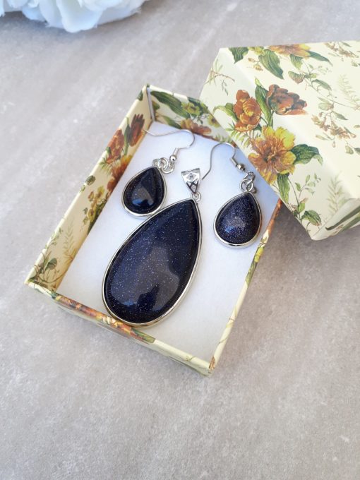 calming stones for anxiety - calming stones jewelry. Blue Gold stone Jewelry Set -Goldstone Oval pendant and Dangle Drop Earrings