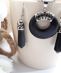 Black Tourmaline Round Pendant and Earring. Tourmaline and Silver set - EMF protection necklace. Crystal for personal protection.