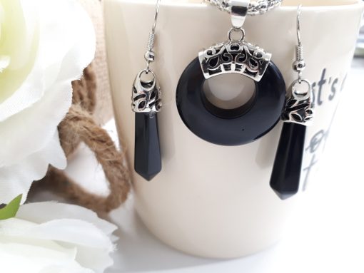 Black Tourmaline Round Pendant and Earring. Tourmaline and Silver set - EMF protection necklace. Crystal for personal protection.