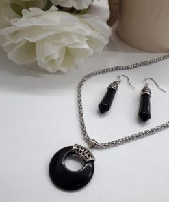 Black Tourmaline Round Pendant and Earring. Tourmaline and Silver set - EMF protection necklace. Crystal for personal protection.