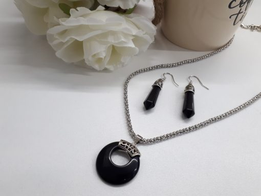 Black Tourmaline Round Pendant and Earring. Tourmaline and Silver set - EMF protection necklace. Crystal for personal protection.