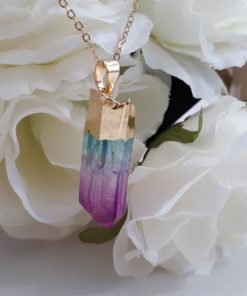 Rainbow Stone Necklace Pendant – Ombre Necklace – Rainbow Raw Quartz for chakra healing