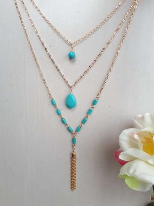 Turquoise blue necklace set, turquoise costume jewelry sets. Turquoise Layered Necklace – Turquoise gold Multi Strand Necklace