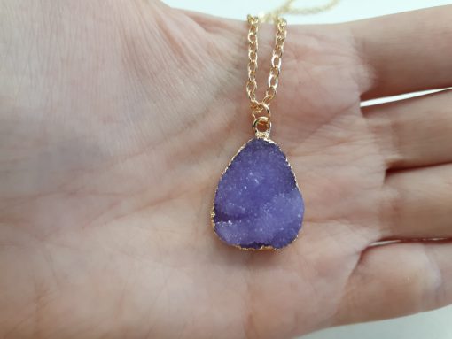 Purple Geode Necklace Druzy Pendant Agate Gemstone Boho Jewelry for healing. Purple Agate Druzy Pendant – Natural Crystal Necklace