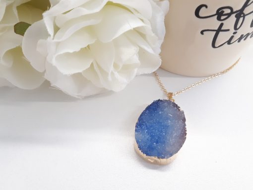 Blue Agate Druzy Pendant for healing – Natural Crystal Necklace – Sparkling Blue Druzy Necklace