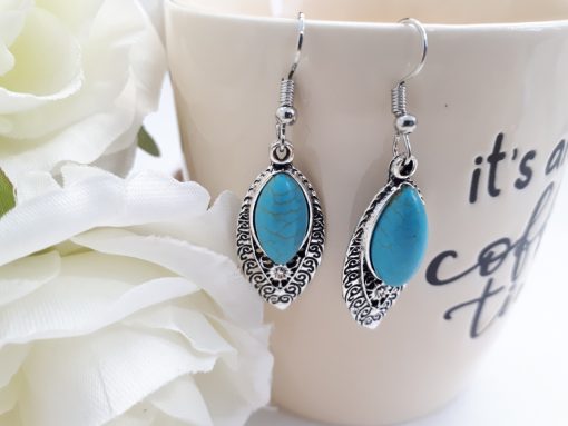 Oval Turquoise Earrings – Turquoise and Silver Earrings – Turquoise Dangle Earrings. Turquoise and Silver Earrings, Turquoise Dangle Earrings.