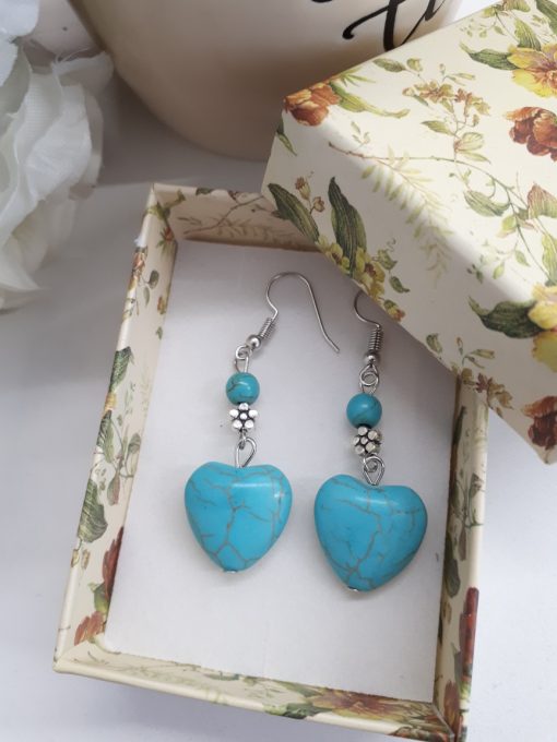 Silver Flower Earrings for Women, Turquoise Heart Dangle Earrings. Turquoise Heart shape Earring – Dangle Earrings – Sterling Silver Earrings Heart Jewelry