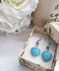 Silver Flower Earrings for Women, Turquoise Heart Dangle Earrings. Turquoise Heart shape Earring – Dangle Earrings – Sterling Silver Earrings Heart Jewelry