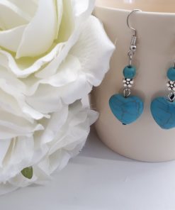 Silver Flower Earrings for Women, Turquoise Heart Dangle Earrings. Turquoise Heart shape Earring – Dangle Earrings – Sterling Silver Earrings Heart Jewelry