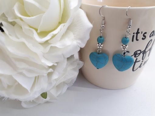 Silver Flower Earrings for Women, Turquoise Heart Dangle Earrings. Turquoise Heart shape Earring – Dangle Earrings – Sterling Silver Earrings Heart Jewelry