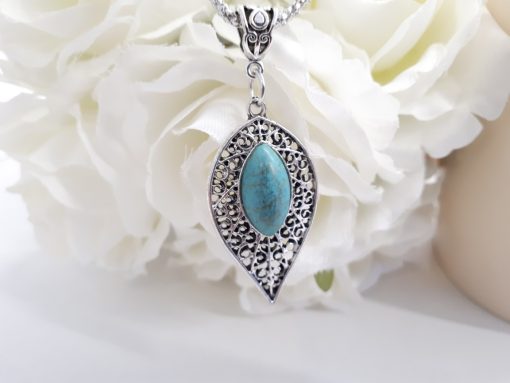 Love and protection dogeared necklace. Teardrop Silver Turquoise Necklace – Leaf Turquoise Pendant – Turquoise Chain Necklace