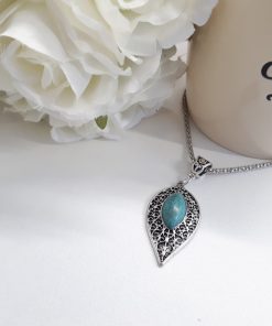 Love and protection dogeared necklace. Teardrop Silver Turquoise Necklace – Leaf Turquoise Pendant – Turquoise Chain Necklace