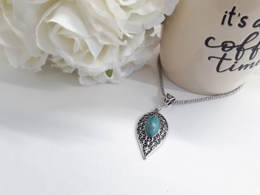 Love and protection dogeared necklace. Teardrop Silver Turquoise Necklace – Leaf Turquoise Pendant – Turquoise Chain Necklace