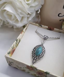 Love and protection dogeared necklace. Teardrop Silver Turquoise Necklace – Leaf Turquoise Pendant – Turquoise Chain Necklace