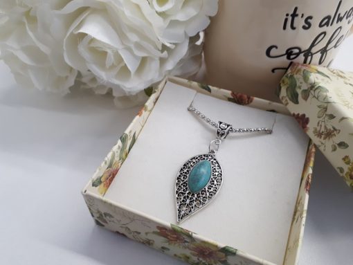 Love and protection dogeared necklace. Teardrop Silver Turquoise Necklace – Leaf Turquoise Pendant – Turquoise Chain Necklace