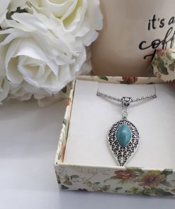 Protection beads necklace, protection blessing necklace. Teardrop Silver Turquoise Necklace – Leaf Turquoise Pendant