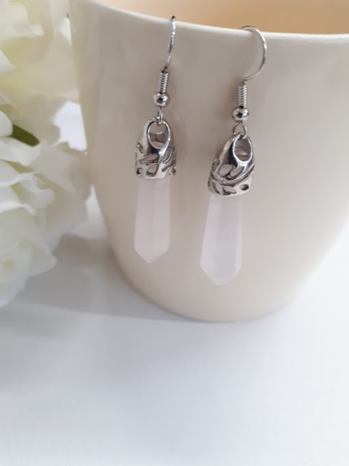 Rose quartz earrings jewelry set – Rose quartz point silver jewelry. jewelry for spiritual healing. Taurus crystal for love