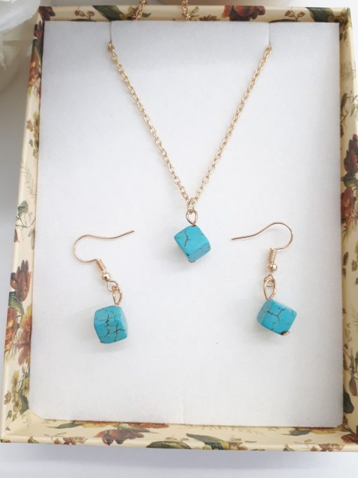 protection hand necklace and earrings, protection medallion necklace. Turquoise Square Gold Necklace