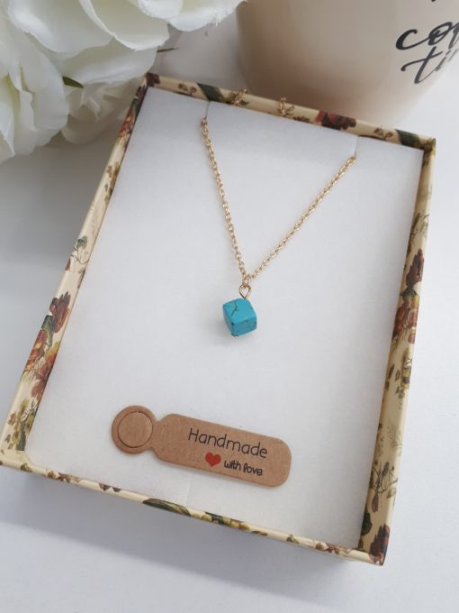 Protection hand necklace, protection medallion necklace. Turquoise Square Gold Necklace