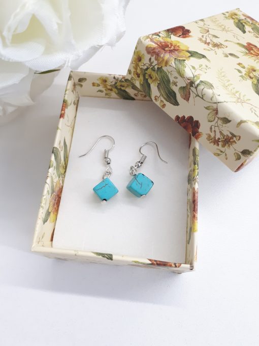 Blue healing crystal earrings. Turquoise Square Silver Earrings – Square Drop Earrings – Turquoise Dangle Earrings