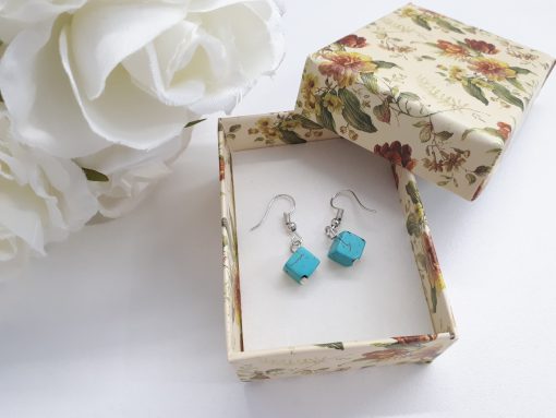 Blue healing crystal earrings. Turquoise Square Silver Earrings – Square Drop Earrings – Turquoise Dangle Earrings