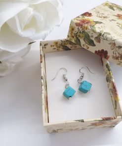 Blue healing crystal earrings. Turquoise Square Silver Earrings – Square Drop Earrings – Turquoise Dangle Earrings