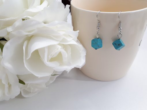 Blue healing crystal earrings. Turquoise Square Silver Earrings – Square Drop Earrings – Turquoise Dangle Earrings