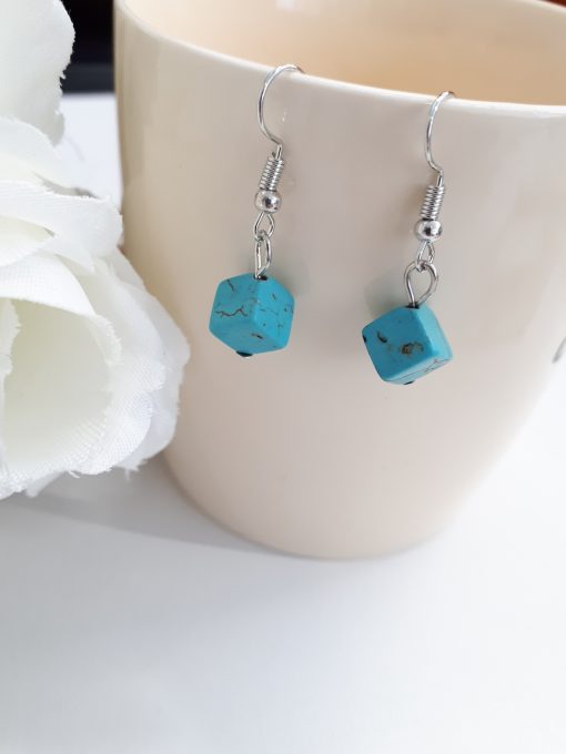 Blue healing crystal earrings. Turquoise Square Silver Earrings – Square Drop Earrings – Turquoise Dangle Earrings