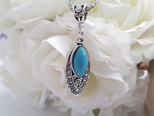 Love and protection dogeared necklace. Teardrop Silver Turquoise Necklace – Leaf Turquoise Pendant – Turquoise Chain Necklace