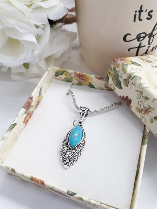 Love and protection dogeared necklace. Teardrop Silver Turquoise Necklace – Leaf Turquoise Pendant – Turquoise Chain Necklace